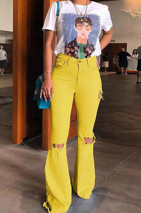 Yellow Mid Waist Cotton High Elastic Hole Jean Long Pants MD159-3