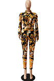 Rose Red Autumn Print Lapel Neck Lantern Sleeve Shirts Long Pants Sets CM2150-2