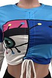 Blue Women Positioning Printing Drawsting Long Sleeve Tank Hole Long Pants Sets MQX23581