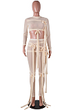 White Half Turtle Neck Dew Abdominal Knotted Mesh Long Sleeve Long Pants Sets SZS9083-1
