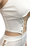 White Solid Color Fashion Women Condole Belt Chain Spliced Hollow Out Skirts Sets MY9946-1