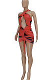 Red Women Trendy Printing Cross Halter Neck Crop Mini Dress FFE166-1