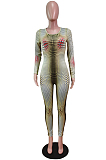Cyan Positioning Print Round Neck Back Stealth Zipper Long Sleeve Bodycon Jumpsuits WY6827-4
