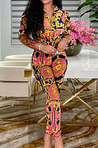 Rose Red Autumn Print Lapel Neck Lantern Sleeve Shirts Long Pants Sets CM2150-2