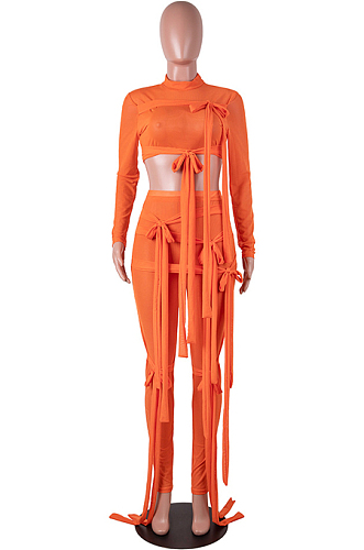 Orange Half Turtle Neck Dew Abdominal Knotted Mesh Long Sleeve Long Pants Sets SZS9083-2