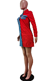 White Lapel Neck Jean Spliced Long Sleeve Casual Shirt Dress WY6831-4