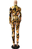 Black Autumn Print Lapel Neck Lantern Sleeve Shirts Long Pants Sets CM2150-3