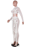 Black Half Turtle Neck Dew Abdominal Knotted Mesh Long Sleeve Long Pants Sets SZS9083-5