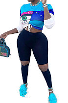 Blue Women Positioning Printing Drawsting Long Sleeve Tank Hole Long Pants Sets MQX23581
