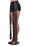 Black Pure Color Mid Waist PU Leather Pants Tassel Shorts MD421-1