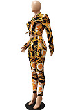 Black Autumn Print Lapel Neck Lantern Sleeve Shirts Long Pants Sets CM2150-3