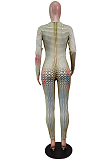 Blue Positioning Print Round Neck Back Stealth Zipper Long Sleeve Bodycon Jumpsuits WY6827-3