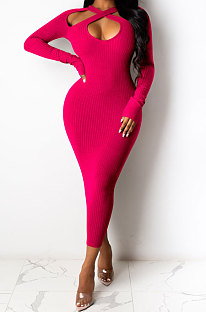 Rose Red Euramerican Women Sexy Trendy Off Shoulder Solid Color Ribber Long Sleeve Midi Dress FFE026 -3
