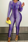 Cyan Positioning Print Round Neck Back Stealth Zipper Long Sleeve Bodycon Jumpsuits WY6827-4