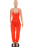 Orange Solid Color Low-Cut Condole Belt Backless Sexy Wide Leg Jumpsuits OH8077