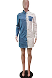 Black Lapel Neck Jean Spliced Long Sleeve Casual Shirt Dress WY6831-3