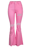 Green Mid Waist Cotton High Elastic Hole Jean Long Pants MD159-5