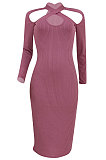 Navy Blue Euramerican Women Sexy Trendy Off Shoulder Solid Color Ribber Long Sleeve Midi Dress FFE026 -2