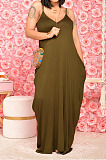 Coffee Pure Color Condole Belt V Neck Loose Long Dress With A Pocket OH8075-3