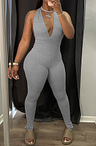 Grey Pure Color Halter Neck Deep V Collar Backless Slim Fitting Bodycon Jumpsuits WY6832-2