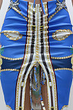 Blue Women Sleeveless Strapless Printing Shirred Detail Split Backless Skirts Sets YF9129-1
