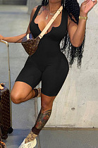 Black Solid Color Summer Notched Neck Sleeveless Tight Tank Jumpsuits OH8076-2