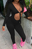 White Low-Cut Tied Hollow Out Long Sleeve Slim Fitting Bodycon Jumpsuits BBN185-1