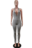 White Pure Color Halter Neck Deep V Collar Backless Slim Fitting Bodycon Jumpsuits WY6832-1