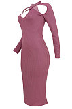 Navy Blue Euramerican Women Sexy Trendy Off Shoulder Solid Color Ribber Long Sleeve Midi Dress FFE026 -2