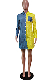 Red Lapel Neck Jean Spliced Long Sleeve Casual Shirt Dress WY6831-1