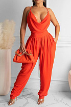 Orange Solid Color Low-Cut Condole Belt Backless Sexy Wide Leg Jumpsuits OH8077