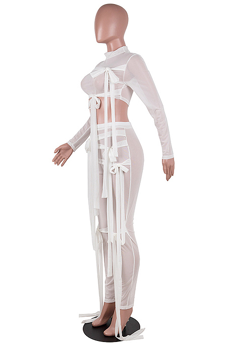 Khaki Half Turtle Neck Dew Abdominal Knotted Mesh Long Sleeve Long Pants Sets SZS9083-7