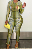 Dark Yellow Positioning Print Round Neck Back Stealth Zipper Long Sleeve Bodycon Jumpsuits WY6827-1