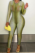 Dark Yellow Positioning Print Round Neck Back Stealth Zipper Long Sleeve Bodycon Jumpsuits WY6827-1
