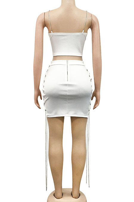 White Solid Color Fashion Women Condole Belt Chain Spliced Hollow Out Skirts Sets MY9946-1