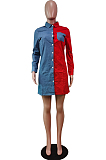 Black Lapel Neck Jean Spliced Long Sleeve Casual Shirt Dress WY6831-3