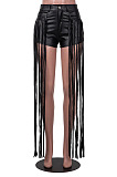 Black Pure Color Mid Waist PU Leather Pants Tassel Shorts MD421-1
