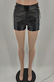 Coffee Casual Solid Color Leather Shorts BLE2506-3