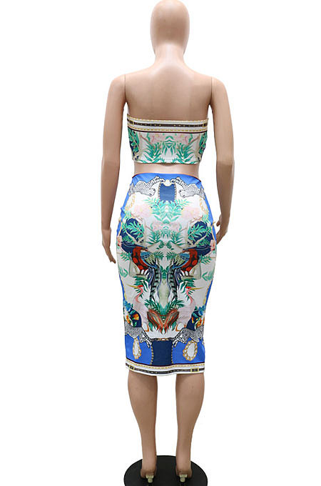 Red Women Sleeveless Strapless Printing Shirred Detail Split Backless Skirts Sets YF9129-2