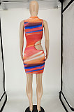 Orange Women Trendy Irregularity Printing Dew Waist Sexy Mini Dress NL6087-1