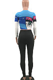 Blue Women Positioning Printing Drawsting Long Sleeve Tank Hole Long Pants Sets MQX23581