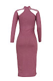 Navy Blue Euramerican Women Sexy Trendy Off Shoulder Solid Color Ribber Long Sleeve Midi Dress FFE026 -2