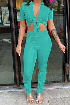 Cyan Women Fashion Ribber Deep V Neck Tied Short Sleeve Blouse Pants Sets FFE168-3