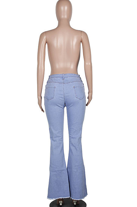 Blue Mid Waist Cotton High Elastic Hole Jean Long Pants MD159-1
