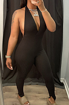 Black Pure Color Halter Neck Deep V Collar Backless Slim Fitting Bodycon Jumpsuits WY6832-3