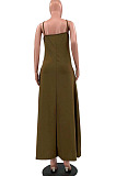 Coffee Pure Color Condole Belt V Neck Loose Long Dress With A Pocket OH8075-3