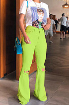 Green Mid Waist Cotton High Elastic Hole Jean Long Pants MD159-5