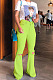 Green Mid Waist Cotton High Elastic Hole Jean Long Pants MD159-5