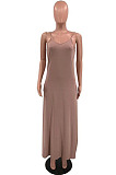 Rose Red Pure Color Condole Belt V Neck Loose Long Dress With A Pocket OH8075-1