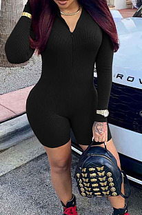 Black Half Turtle Neck Zipper Ridder Tight Long Sleeve Romper Shorts BBN182-1